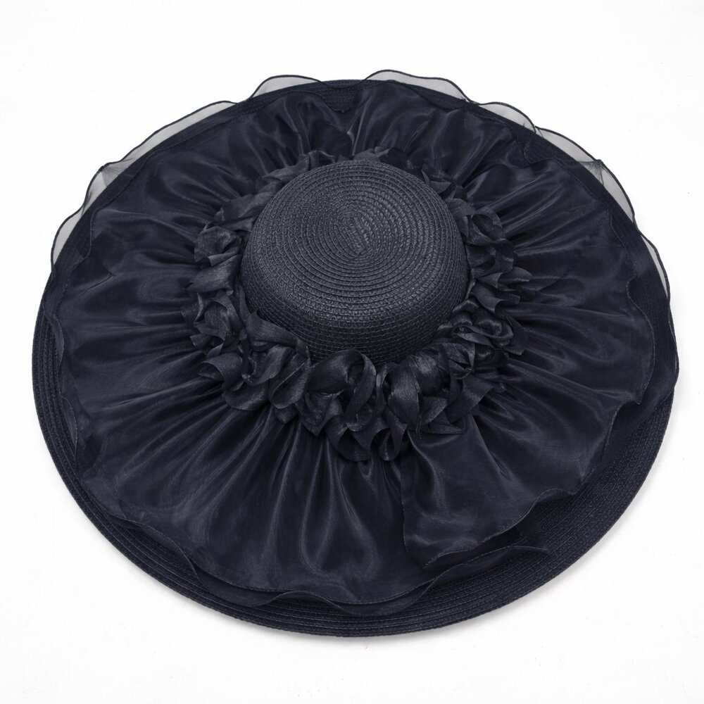 Black Wide Brim Straw Hat – Elegant Organza Ruffle Sun Hat – Kentucky Derby Hat - Picture 2 of 3